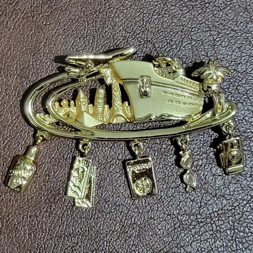 Vintage Danecraft Cruise Ship Travel Passport Dangle Gold Tone Pin Brooch Excl